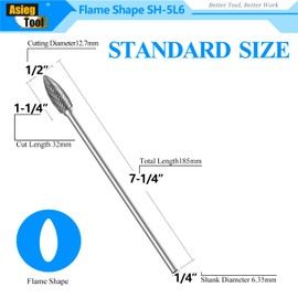 SH-5L6 Tungsten Carbide Burr Rotary Lengthened File Flame Shape Double Cut with 1/4''Shank for Die Grinder Drill Bit