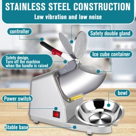 Snow Cone Maker Electric Shaved Ice Machine Stainless Steel - Ice Crusher Ice Shaver, 300W 2000r/min w/Stainless Steel Blade, 110V Ice Crushers Machine for Home and Commercial Use