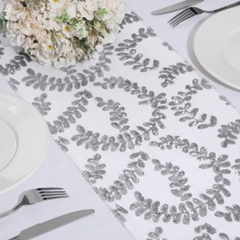 MengH-SHOP Table Runner Glitter Round Sequins Fabric for Wedding Birthday Party Baby Showers Table Cloth Decoration 12 * 110 inch Silver Leaves