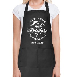 Tmsek House Warming Gifts New Home New Adventure Memories Est.2025 Apron with Pockets Perfect Housewarming Gift Idea for Women Men Homeowner, Black Kitchen Aprons (Home)