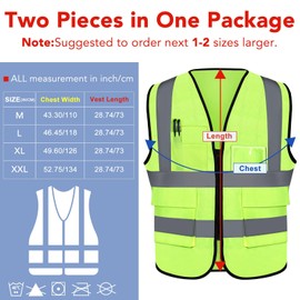 XPCARE 2-Pack Reflective Safety Vest For Women Men, Green High Visibility Security Vest Pockets and Zipper Front Neon Green Color(Medium)