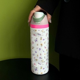 Floral Pattern Vacuum Flask, 24oz-32oz-40oz Large Capacity Insulated Water Bottle, Stainless Steel Tumbler, Drinking Cup for Home Office School Outdoor Travel, Leak Proof Insulated Drinkware:_Small fresh floral - white cup body_40oz