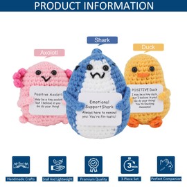 MULIKE 3-Pack Emotional Support Crochet Animals, Cute Shark, Axolotl Gifts, Inspirational Positive Duck, Creative Cute Crochet Dolls, Birthday Gifts for Women, Gifts for Men, Cute Stuff, Office Decor
