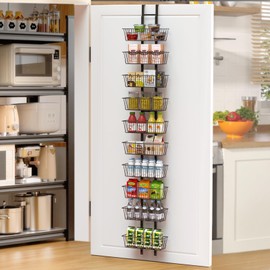 Hocookeper 10 Tier Over the Door Pantry Organizer, Over the Door Spice Rack with Adjustable Baskets, Metal Hanging Door Pantry Organizers and Storage for Kitchen Bathroom Bedroom, Black
