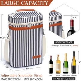 2 Bottle Wine Bag Wine Carrier Wine Gift Tote Bag, Leakproof & Insulated Wine Cooler Bag Wine Bottle Bag for Travel, BYOB, Beach, Dinner, Party, Christmas Gifts for Wine Lovers Women Men -Navy Stripe