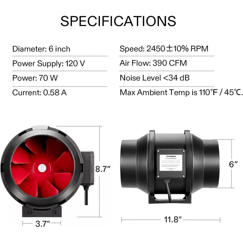 VIVOSUN 6" 390CFM Inline Duct Fan Speed Control Ventilation HVAC