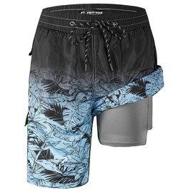 FT FENTENG Mens Swim Trunks with Boxer Brief Compression Liner, Gradient Leaves Men Bathing Suit Swimming Trunks 9" Zipper Pockets Board Shorts Men's Swimwear, Quick Dry Beach Shorts Swimsuits, XL