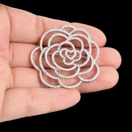 YYBONNIE Freshwater Pearl Hollow Out Crystal Rose Camellia Flower Brooch Pins Brass Micro Pave Rhinestone Blooming Floral Bridal Wedding Bouquet Jewelry (Silver Hollow Out)
