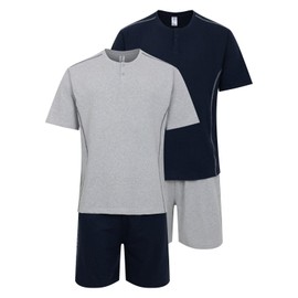 Mens 2 Pack Short Pyjamas Nightwear PJ Sets Twin Pack UK Sizes L XL XXL New (Gry/NVY XL)