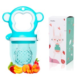 Chupón/Chupete Ergonómico para Frutas, Papillas y Cereales con Seguro y Tapa Protectora Libre de BPA, Unisex de 4m+ (Monkey - Celeste)