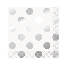 Unique Party 32301 - Foil Silver Polka Dot Cocktail Napkins, Pack of 16