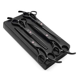 Moontay Professional 7.0" Dog Grooming Scissors Set, 4-pieces Straight, Upward Curved, Downward Curved, Thinning/Blending Shears for Dog, Cat and Pets, JP Stainless Steel, Black