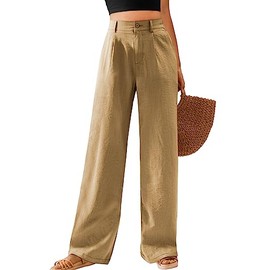 Feiersi Womens Casual Wide Leg Pants High Waisted Button Down Straight Long Trousers Palazzo Pants(Khaki,Small)