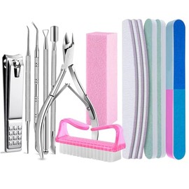 Kit 14pzs Manicure y Limas para Uñas Profesional, Incluir 6 Manicura de Acero Inoxidable, 5 Limas De Uñas, 1 Bloque de Pulido, 1 Cepillo Limpiar, Cuidado de Uñas Doméstico y Profesional(Rosa)