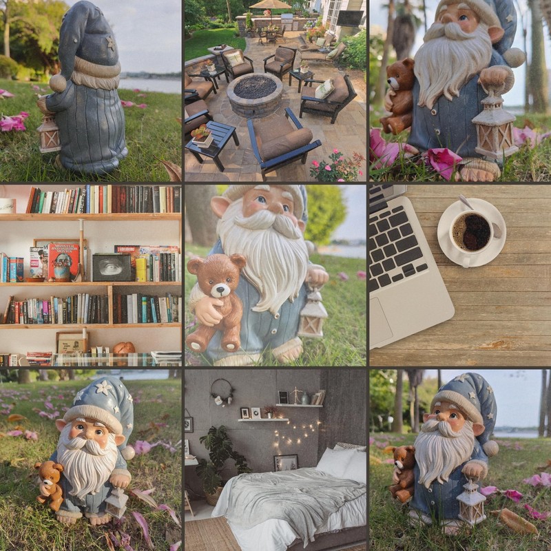 Sleepy Bedtime Gnome Statue, Charming Gnome Holding Cuddly Bear and