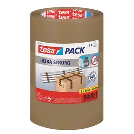 tesa 51124-00008-01 Packing Tape Ultra Strong PVC Packaging Tape for Heavy Parcels and Boxes, Brown, 66 m x 50 mm, Pack of 3