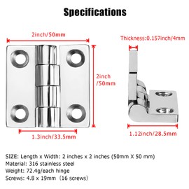 Boat Hinges,Heavy Duty Marine Grade 316 Stainless Steel 4 Pcs 2" x 2" Flush Mount Square Boat Hatch Cabinet Door Butt Hinge with Screws
