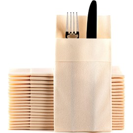 Ivory Dinner Napkins Cloth Like with Built-in Flatware Pocket, Linen-Feel Absorbent Disposable Paper Hand Napkins for Kitchen, Bathroom, Parties, Weddings, Dinners or Events, 16x16 inches, Pack of 50