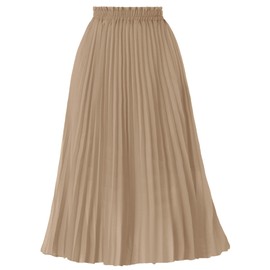 GOOBGS Women's Pleated A-Line High Waist Swing Flare Midi Skirt Champagne Small/Medium