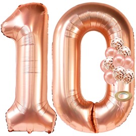 Rose Gold 10 Number Balloons Decorations - Extra Latex Balloons and Foil Mylar Ballons | 10th Birthday Party Decorations | 10 Year Party Supllies for Bday Decor, Anniversary, 32 Foot Balloons String