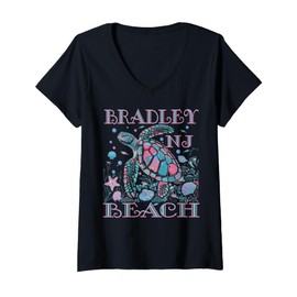 Womens BRADLEY BEACH NJ TURTLE LOVER COLORFUL BEACH SOUVENIR V-Neck T-Shirt