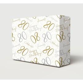 2 Sheets 2 Tags 80th Happy Birthday Celebrate Hooray White Gold Silver Unisex Wrapping Paper Age 80 Birthday Male Female Giftwrap (PA)