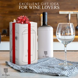 12 Degrés Iceless Wine Chiller Set - Perfect Wine Gifts for Women and Men Including Stainless Steel Insulated Wine Bottle Cooler with Wine Pump, Aerator and 4 Stoppers (White Matte)