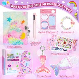 Diary with Lock, 6 7 8 Year Old Girl Birthday Gift, Journal for Girls Ages 8-12, Kids Journal for Little Girl, Cute Notebook with Multicolors Pen and Purse, Locking Diary Fuzzy Mermaid Notebook (Pink)