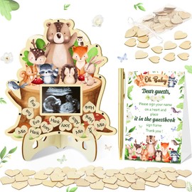 KAMUFU Woodland Baby Shower Decorations, Guest Book Includes Wooden Heart Tokens Forest Animal Baby Shower Activity Table Centerpiece Woodland Creatures Guest Book Alternatives Guest Book Baby Shower