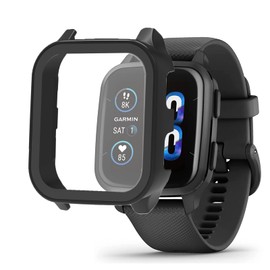 Compatible with Garmin Venu Sq 2 Tempered Glass Case, Lamshaw Hard PC Case Tempered Glass Screen Protector, Bumper Protective Cover Compatible with Garmin Venu Sq 2 Smartwatch (2 Pack-Black+Clear)