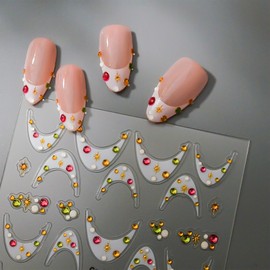 White French Tip Nail Stickers Colorful Nail Decals with Star Design Rhinestone Nails Art Sticker 5d Self Adhesive Nails Stickers for Women Girls Supply Manicure Charms Nails Art Decals