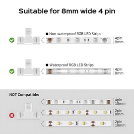 JACKYLED T Shape 4-Pin 8mm LED Connectors Total 42Pcs, Unwired Solderless Gapless Adapter Corner Connectors Terminal Extension 12V 72W with 32pcs Clips for 5050 3528 SMD RGB LED Strip Lights -8mm 4pin