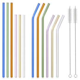 [12 Pcs] Reusable Colorful Long Glass Straws - 11" x 8mm and 9" x 8mm Shatter Resistant Each Including 3 Straight and 3 Bent with 2 Cleaning Brush Perfect for 30 oz 20 oz Tumblers Juice Coffee