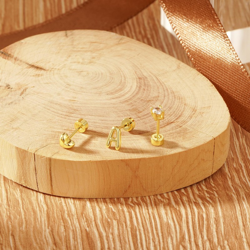 Turandoss Initial Heart Zircon Stud Earrings for Women, 3 Pairs