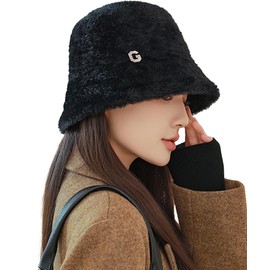 Alicret Bucket Hat, Women's, Autumn/Winter, Hat, Women's, Fluffy, Large Size, Cute, Small Facial Effect, Folding, Hat, Storage, Stylish, Black