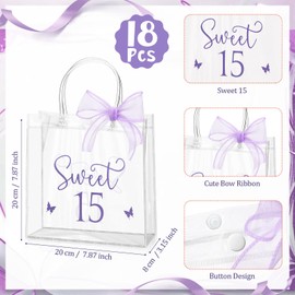Sweetude 18 Pcs Sweet 15 Birthday Gift Bag 15th Party Gift Bags with Handles and Bows Clear Birthday Quinceanera Party Favors for Guests 15 Years Sweet(Pruple)