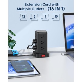 AnnTane AnnTane Surge Protector Power Strip 10 FT Cord, Power Strip Tower with 4 USB Ports (1USB C), Extension Cord with 12 AC Multiple Outlets, Home Office Supplies Desk Accessories, Dorm Room Essentials
