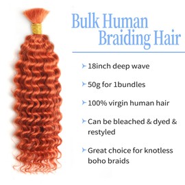 Human Braiding Hair 1 Bundle 50g 18 Inch Deep Wave Bulk Human Hair for Braiding No Weft human braiding hair for boho braids for Boho Braids Wet and Wavy Human Hair Braiding Hair(18 Inch-50g)