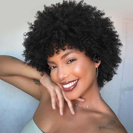 Hanne Fashion Short Curly Wigs for Black Women Afro Curly Wig with Bangs Natural Black Glueless Kinky Curly Hair Wig Synthetic Heat Resistant Fluffy Afro Wigs for Daily Party Use (1B)
