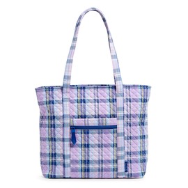 Vera Bradley Women's Cotton Vera Tote Bag, Amethyst Plaid - Recycled Cotton, One Size