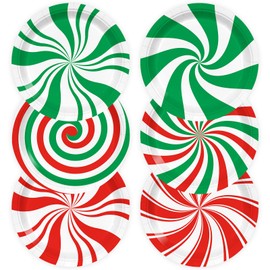 XIENBLOC 72pcs Christmas Candy Plates Candy Birthday Party Supplies 9 Inch Christmas Red and Green Striped Peppermint Disposable Dinner Dessert Round Paper Plates for Holiday Birthday Party Supplies