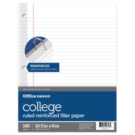 Office Depot® Brand Reinforced Filler Paper, 8" x 10 1/2", College Ruled, White, Pack Of 100