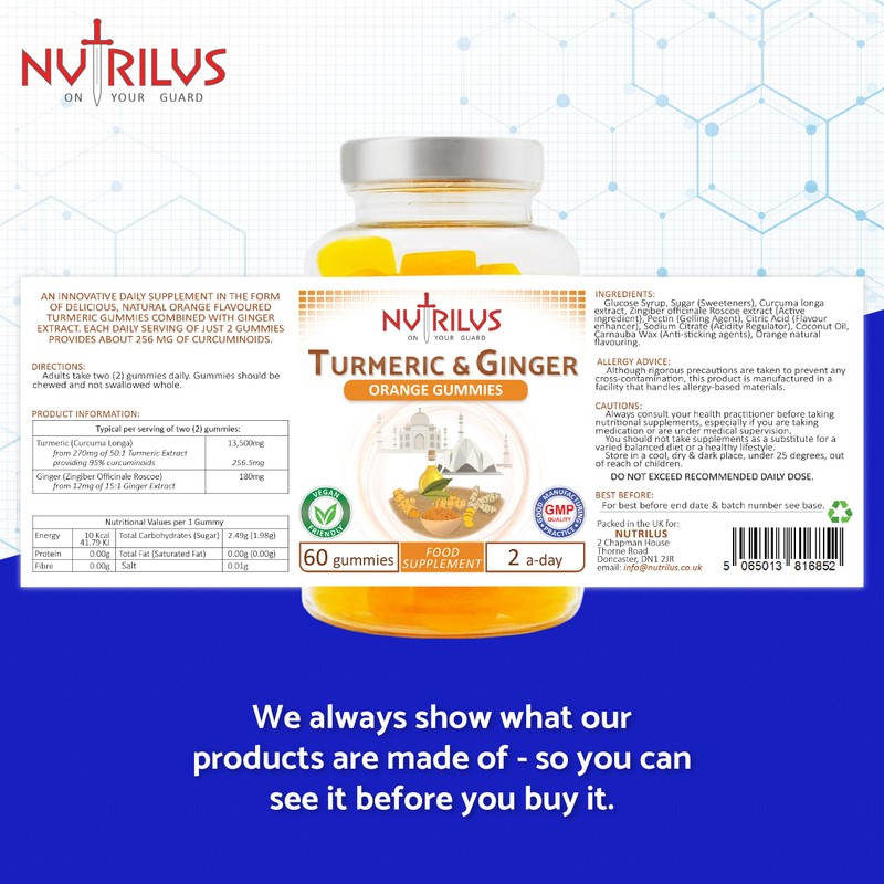 Turmeric and Ginger 60 Natural Orange Gummies - High Strength,
