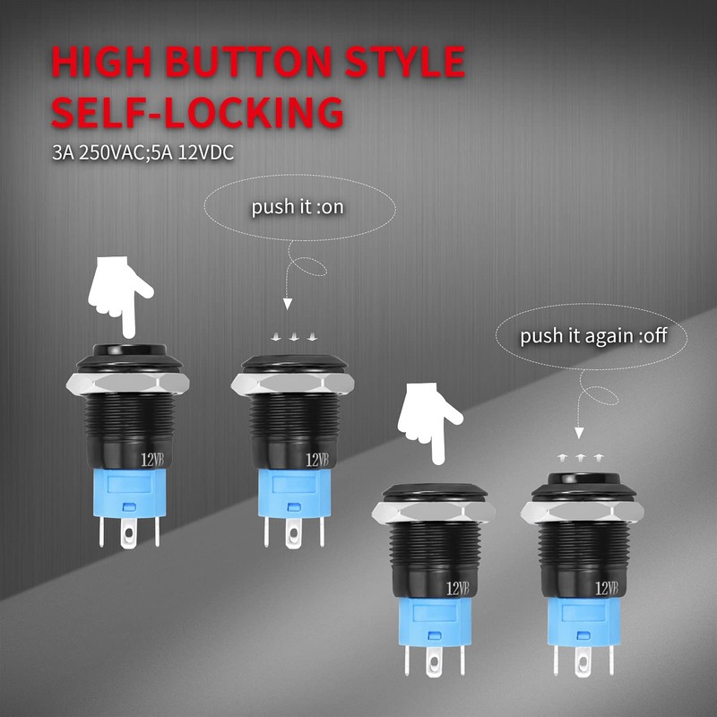 DaierTek 6pcs 12V Latching Push Button Switch LED Blue 12mm