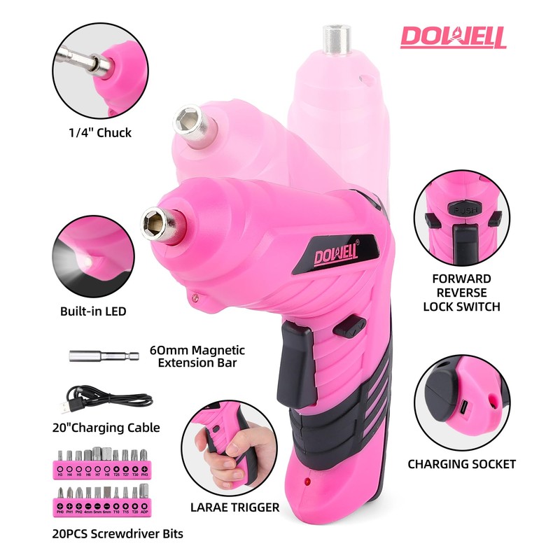 143 Pcs Pink Homeowner Tool Set with 3.6V Cordless Screwdriver