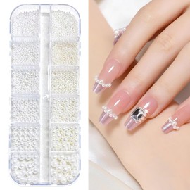 Dengujd Nail Parts, Pearl, Rhinestone Set, 3D, 3D, 6 Sizes, DIY Nails, Craft Parts, Nail Decoration, Large Capacity Set, Pushing and Decorating (Beige + Pure White Pearl)