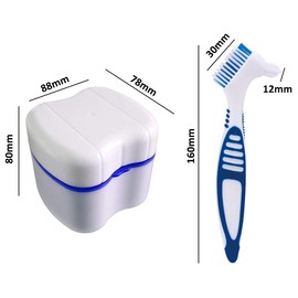 Denture Case and Brush Kit, Denture Bath Box False Teeth Container with Strainer, Dental Retainer Storage Box [Dark Blue]