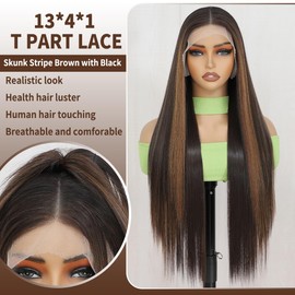 Synthetic Lace Front Wigs Pre Plucked 30 Inch Long Straight Skunk Stripe Brown with Black Synthetic Wigs for Black Women 13x4x1 HD Lace Middle Part Glueless Wig Ready to Wear