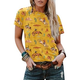 Tewmeu Cowgirl Outfits for Women Vintage Western Aztec Rodeo T Shirts Cactus Desert Graphic Tee Tops