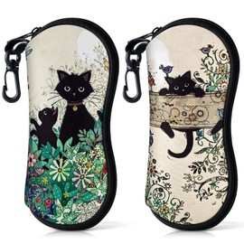 Playexen 2 Pack Sunglasses Case, Neoprene Zipper Eyeglass Case, Soft Glass Travel Pouch with Clip for Women Men (Small Cats)